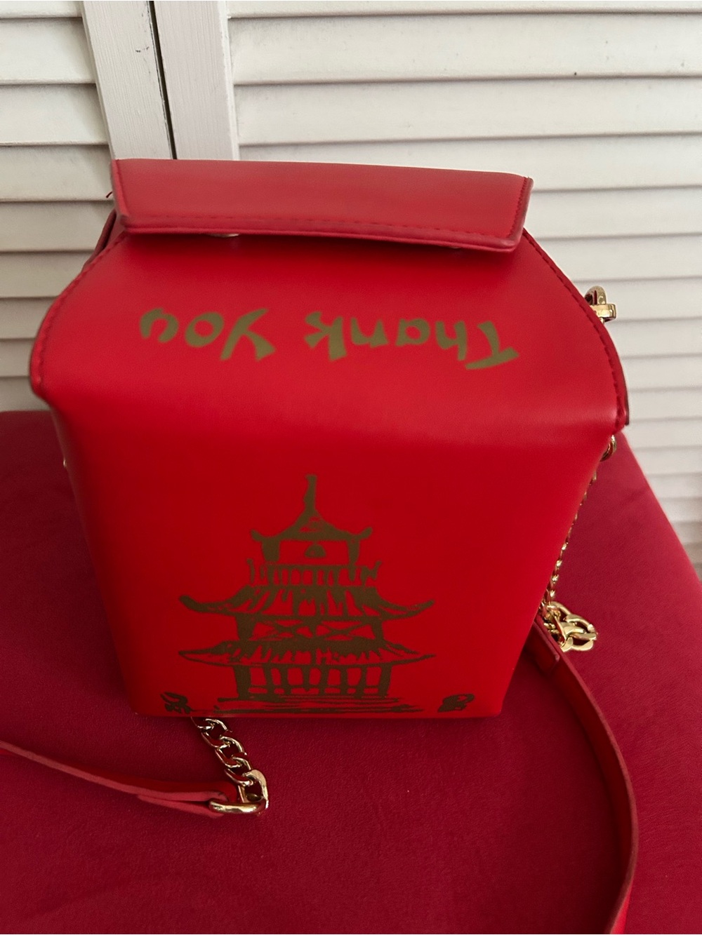 Red Pagoda-Print Take Out Container Crossbody Bag